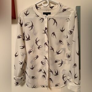 Banana Republic Cream Blouse with Dark Brown Bird Print